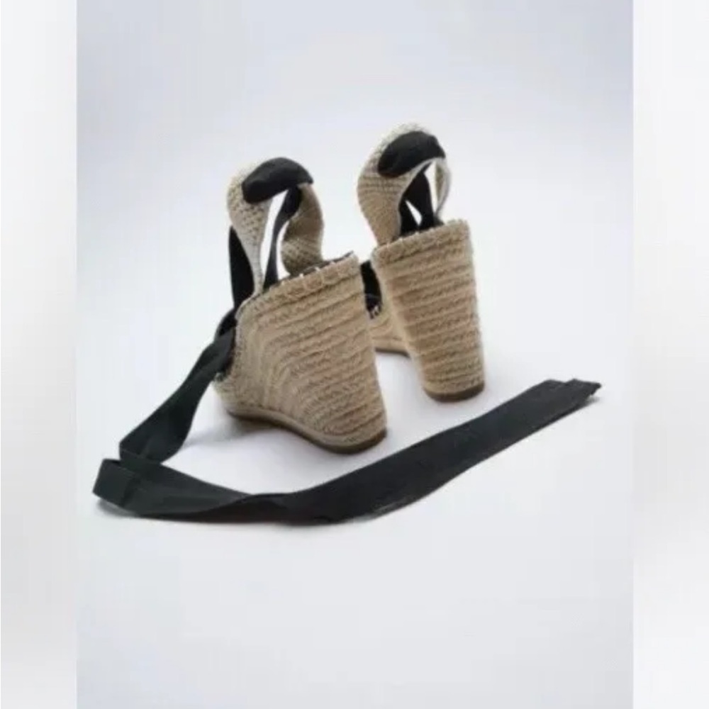 Zara Black Tied Raffia Espadrille Wedge Shoes NWT SZ 10 EU 41 - Picture 5 of 11
